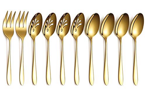 HOMQUEN Gold 10-Teiliges Serviergeschirr Besteckset, Servierutenset aus Edelstahl, Mit Geschlitztem Servierlöffel, Servierlöffel, Serviergabel von HOMQUEN