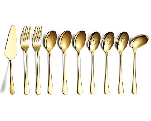 HOMQUEN Gold 10-Teiliges Serviergeschirr Besteckset, Servierutenset aus Edelstahl, mit Geschlitztem Servierlöffel, Servierlöffel, Kuchenserver, Serviergabel, Suppenkelle von HOMQUEN