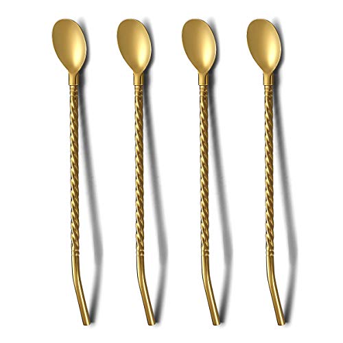 HOMQUEN Gold Eistee Löffel mit Strohgriff zum Trinken, 4 Stück 8,7" Edelstahl Langgriff Titan Vergoldung Bar Spork Löffel Besteck für Cocktail, EIS, Mischen und Rühren von HOMQUEN