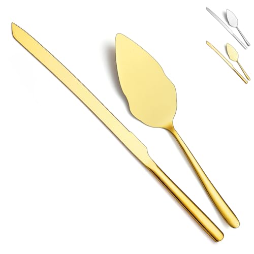 HOMQUEN Gold Hochzeitstorte Messer und Server Set, Edelstahl Kuchenschneidset für Hochzeit, Inklusive Kuchenschneider und Tortenheber für Hochzeit, Partys, Aktivitäten, Familie (Glänzendes Gold) von HOMQUEN