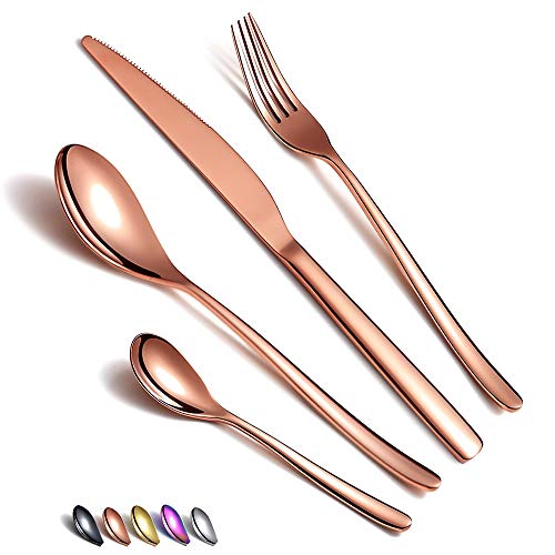 HOMQUEN Kupfer Besteck Set 24 Stück, Kupfer Besteckset aus Edelstahl, Kupfer Titanbeschichtung, Utensiliensets Service-Set für 6 (Roségold Glänzend) von HOMQUEN