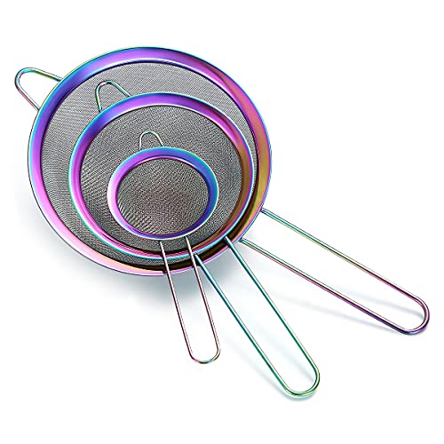 Rainbow Fine Mesh Sieb 3-Teiliges Set, Bunter Mehlsieb zum Backen, Edelstahlreiniger,Mehrfarbiges Matcha-Teesieb, Soßenabscheider, Stasher-Sieb-Nudelsiebe von HOMQUEN