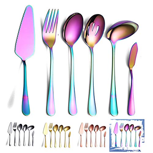 HOMQUEN Regenbogen Servierlöffel Set 6 Stück, Servierutensilien Set enthalten Kuchen Server Schlitzlöffel Servierlöffel Serviergabel Schöpflöffel Buttermesser Streuer Servierset Spülmaschinenfest von HOMQUEN