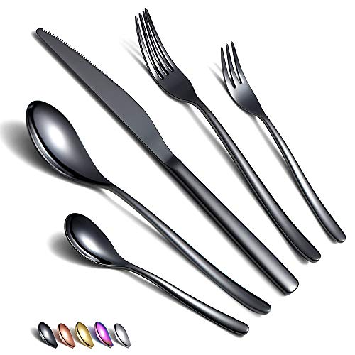 HOMQUEN Schwarzes Besteck Set 30 Stück, Schwarzes Besteckset aus Edelstahl, Schwarze Titanbeschichtung, Utensiliensets Service-Set für 6 (Schwarz Glänzend) von HOMQUEN