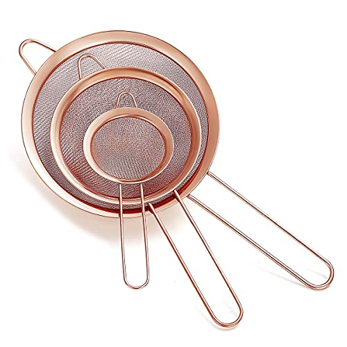 Kupfer Fine Mesh Sieb 3 Stück Set, Roségold Mehlsieb zum Backen, Edelstahl Clander, Kupfer Matcha Teesieb, Soßenabscheider, Stasher Sieb Nudelsiebe von HOMQUEN
