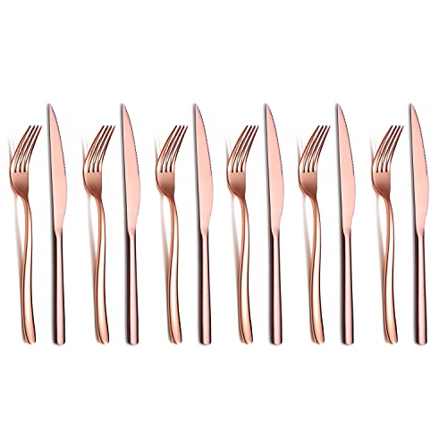HOMQUEN Kupfer Steak Besteckset 12-Teilig, Premium Edelstahl 6 Tafelgabeln und 6 Tafelmesser Set, Steakmesser Steakgabeln für 6 Personen, Spülmaschinenfest (Glanzendes Kupfer) von HOMQUEN
