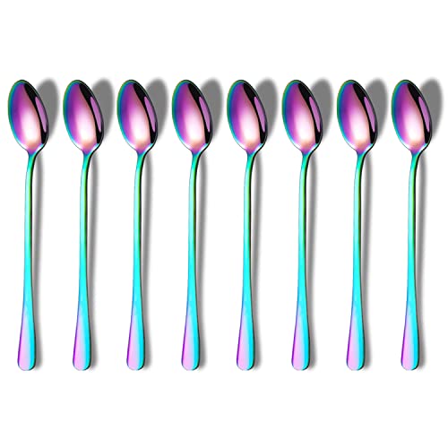 Regenbogen-Löffel mit langem Griff, Kaffee- und Teelöffel, Premium-Edelstahl, 8 Stück (bunt) von HOMQUEN