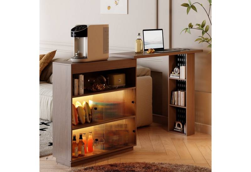HOMSEE Bartisch mit LED-Beleuchtung, 360° drehbarer Stehtisch mit Sideboard (1-St), Ausziehbarer Esstisch mit Glas-Schiebetür + Ablage von HOMSEE