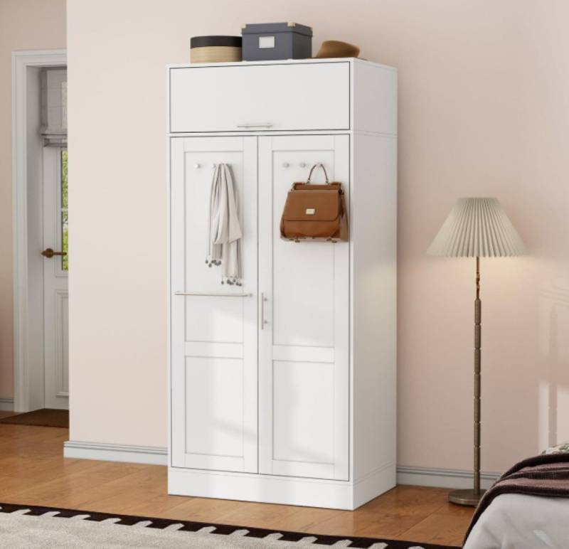 HOMSEE Kleiderschrank mit 3 Türen, Garderobe mit Haken und Bügeln, 80 x 52 x 180 cm (1-St) für Schlafzimmer, Wohnzimmer, Weiß, MDF von HOMSEE