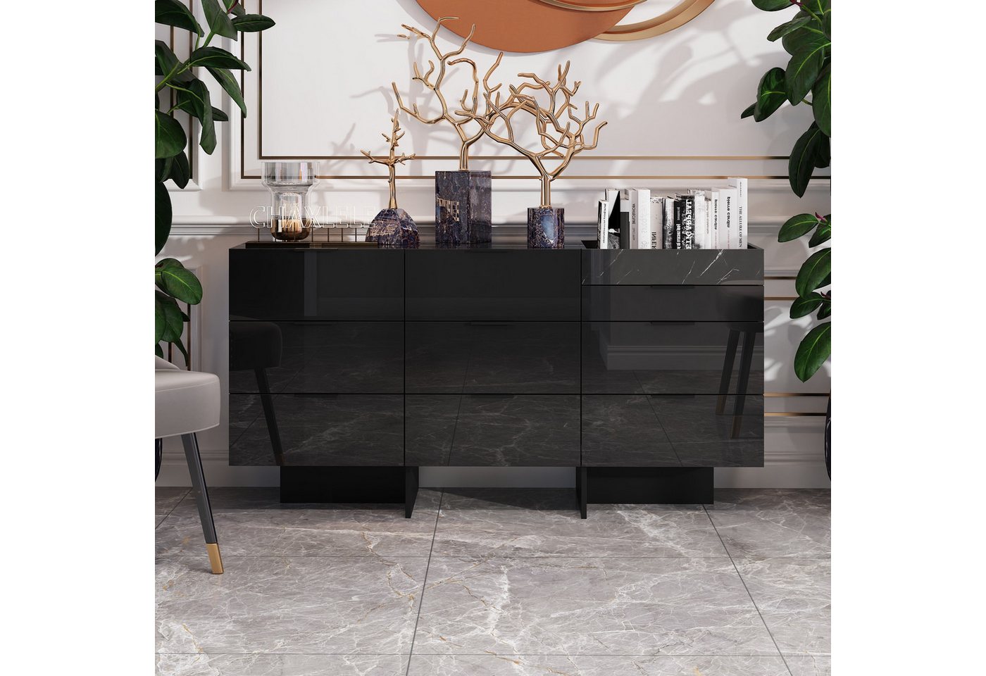 HOMSEE Kommode mit 9 Schubladen, Schwarze Frisierkommode, Hochglanz-Optik (1 St), Organisationsfächern, für Schlafzimmer & Wohnzimmer von HOMSEE