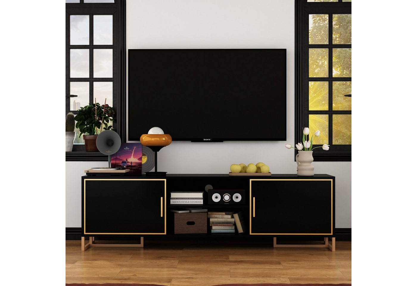HOMSEE Lowboard mit goldenen Metallsockel, TV-Schrank, Fernsehtisch, TV-Ständer (1 St), mit 2 Türen und 2 offenen Regalen, 180 x 40 x 53 cm von HOMSEE