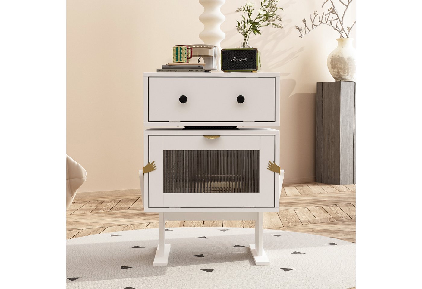 HOMSEE Nachttisch Roboterdesign-Nachttisch, 2 klappbare Türen, Holzbeine, 48x40x70cm (1-St), Ideal als Endtisch/Beistelltisch für Schlafzimmer & Wohnzimmer von HOMSEE