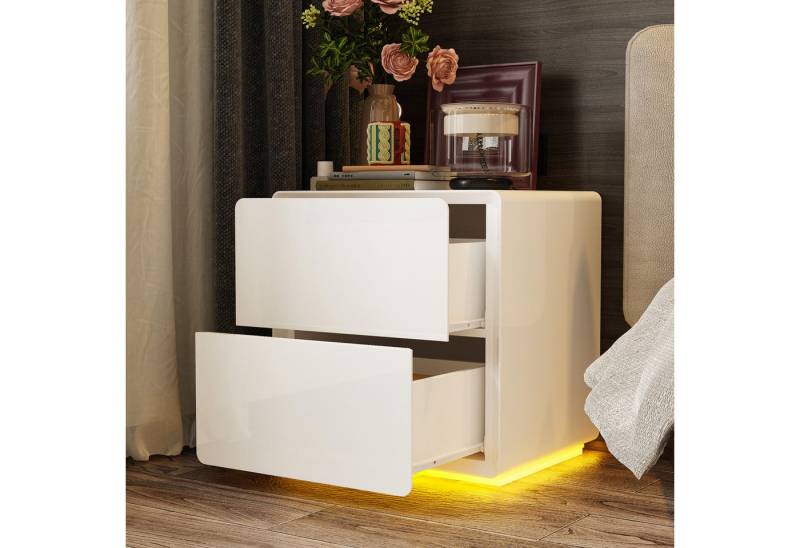 HOMSEE Nachttisch mit Beleuchtung und 2 Schubladen, Moderner LED-Nachttisch mit Stauraum, weiß von HOMSEE