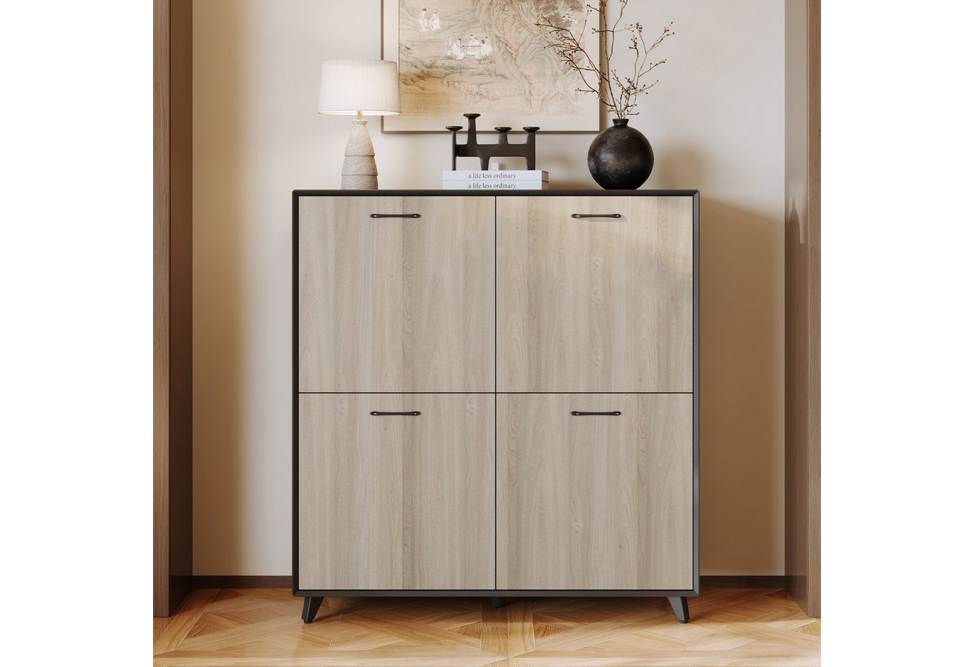 HOMSEE Schuhschrank 4-türiger Aufbewahrungsschrank, multifunktionaler Eingangsschrank (1-St) Badezimmerschrank mit Metallfüßen, 118 x 40 x 110 cm von HOMSEE