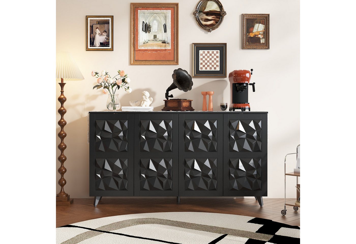 HOMSEE Sideboard Schrank mit 4 POP-UP-Türen, Wohnzimmerschrank 160 x 40 x 85 cm (1 St), Anriche, 5 Metallfüßen & einzigartig geformten Schranktüren von HOMSEE