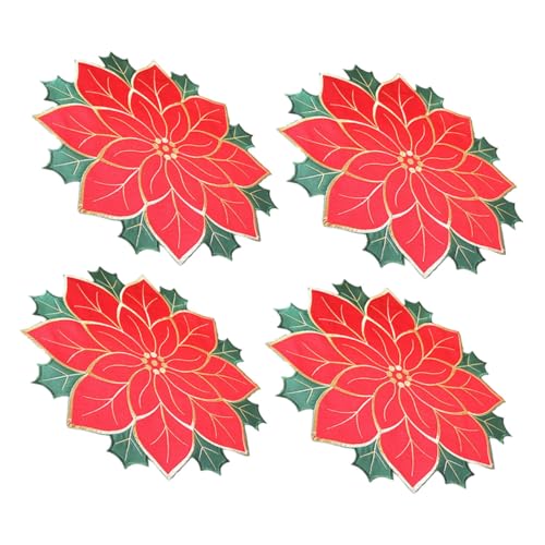 HOMSFOU 4 Stück Weihnachts-tischsets Sticktischläufer Runde Weihnachtsdeckchen Weihnachts-platzdeckchen Blumendeckchen Tischdecke Teller Matte Stechpalme Chemische Faser rutschfest von HOMSFOU