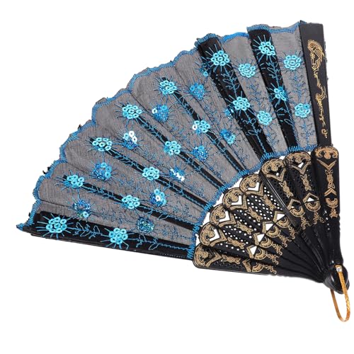 HOMSFOU Faltfächer mit Pailletten und Stickerei Eleganter Handfächer für Tanz Hochzeit und Partys Faltbarer Chinesischer Fächer Schwarz Blau von HOMSFOU