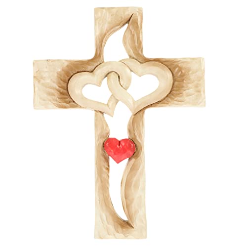 HOMSFOU Geschnitztes Holzkreuz mit ineinander verschlungenen Herzen, Holzkreuz zum Aufhängen an der Wand, Dekoration für Zuhause, Wohnzimmer, Rot von HOMSFOU