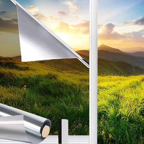 HOMTOL Spiegelfolie Fensterfolie selbsthaftend Blickdicht 118x200 cm Sichtschutzfolie UV-Schutz Sonnenschutzfolie Selbstklebend durchsichtig fensterglasfolie Silber von HOMTOL