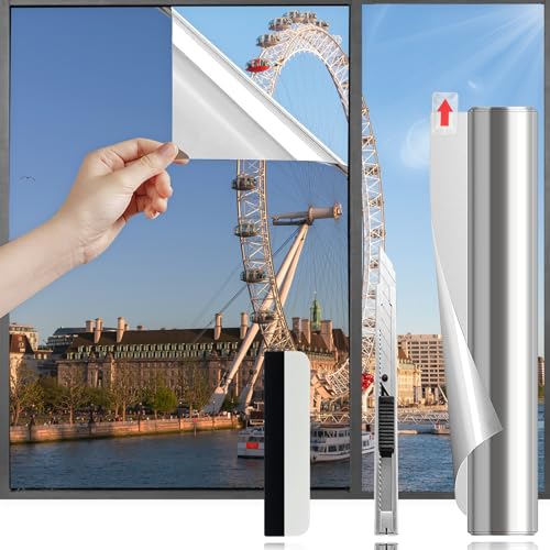 HOMTOL Spiegelfolie Fenster Sichtschutz 90x200cm, Spiegelfolie Selbstklebend ohne Klebstoff, Sichtschutzfolie Fenster Blickdicht von außen, Silber Spiegelfolie Fenster Blickdicht von außen von HOMTOL