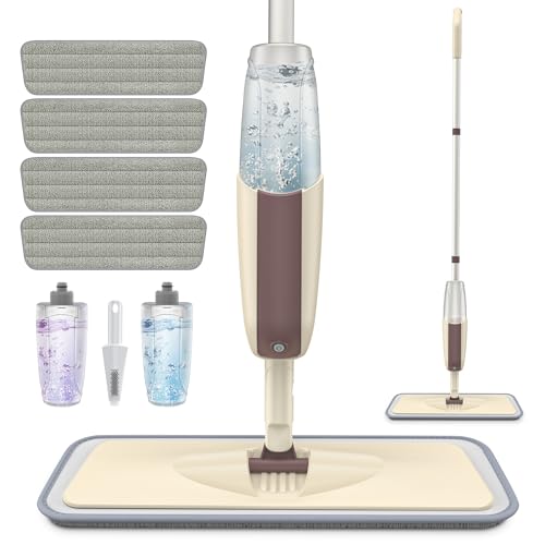 Spray Mop zum Reinigen von Böden, HOMTOYOU Bodenwischer Trocken Nass Spray Mop mit 2 Nachfüllbaren Flaschen und 4 Wiederverwendbare Mikrofaser-Pads für Hartholz, Laminat, Vinyl, Fliesen, Holzboden von HOMTOYOU