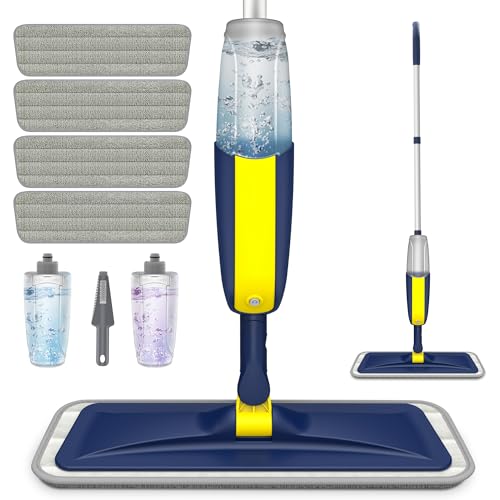 HOMTOYOU Bodenwischer mit Sprühfunktion zur Bodenreinigung - Wischmopp Sprühwischer für Laminat Fliesen Vinyl Holzboden - Wischer Boden mit 4 Waschbare Ersatzbezügen für die Küche zu Hause von HOMTOYOU