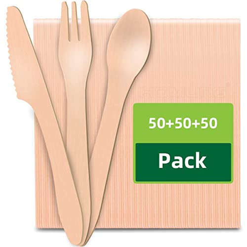 HOMURG Einwegbesteck Holz Gabeln Messer Löffel Set 150 Stück, Holzbesteck Einweg 50 Messer + 50 Gabeln + 50 Löffel, 7 Zoll Dessertbesteck Kuchenbesteck Weihnachtsbesteck Partybesteck für 50 Personen von HOMURG