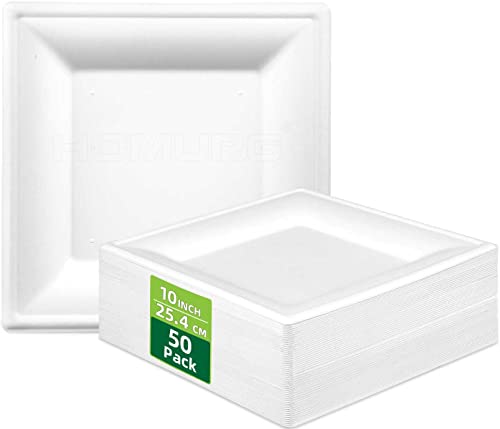HOMURG Weiße Pappteller Eckig 26 x 26 cm 50 Stück, Kompostierbare Einweggeschirr und Speiseteller Viereckig, Quadratische Platzteller Groß 10 Zoll für 50 Gäste, Robust Geburtstagsteller Partyteller von HOMURG