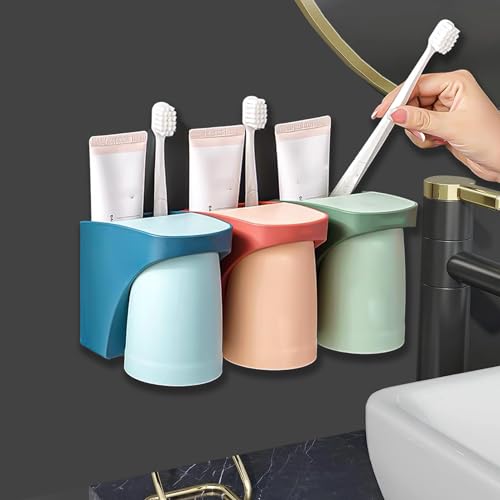 3 Stück Zahnbecherhalter Ohne Bohren: HOMURY Zahnbürstenhalter Wand, Zahnbürstenhalter mit Magnetischem Becher, Zahnputzbecher set für Badezimmer(Rot+Grün+Blau) von HOMURY