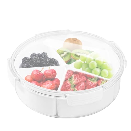 HOMURY 1 Stück Snack Tablett: Snack Aufbewahrungsbox mit 5 Fächer, Süßigkeiten Box mit Deckel, Rundes Gemüsetablett aus Kunststoff für Früchten Nussbonbons Trockenfrüchte Lebensmittel von HOMURY