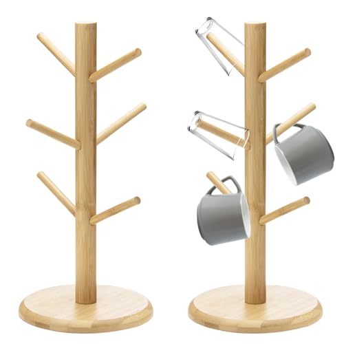 HOMURY 2 Stück Tassenhalter Tassenständer Holz Bambus Hölzerne Becherhalter mit 6 Haken, Baumbecherhalter Brezelhalter Tassenbaum Veranstalter Zubehör Tasse Rack Regal für Küchentheke Tabletop von HOMURY