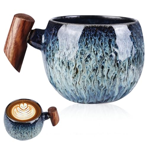 HOMURY 230 ml japanische Tasse mit Holzgriff Kaffeetasse aus Keramik japanische Teetasse Vintage Teetasse Müsli-Frühstückstasse für Espresso, Latte, Matcha-Tee, grünen Tee von HOMURY