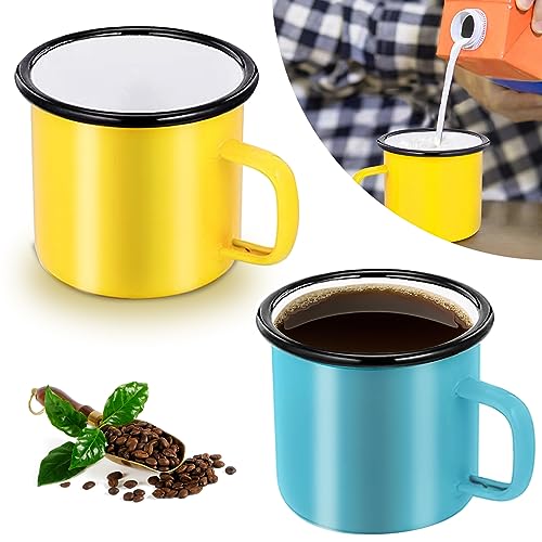 HOMURY 2er Set Bunte Emaille Tasse: Retro Mehrweg Blechtasse Emaille Tassen Set, Tragbar Camping Becher Emaille Geschirr mit Henke für Camping, Büro, Party, Haus (Gelb+Grün) von HOMURY