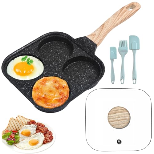 HOMURY 4 Löcher Spiegeleipfanne Antihaft mit Deckel, Spiegelei Burger Pfanne mit Silikonölpinsel und 2 Spatel, Antihaft-Aluminium Pfanne, für Gasherd(Schwarz, 37 cm x 19 x 2, 7cm) von HOMURY