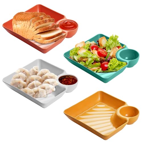 HOMURY 4 Stück Snackteller mit Fächern, Snackschale und Dipschalen, Pommes Frites Teller, Wiederverwendbar Dip Schalen Set für Süßigkeiten Snacks Nüsse Desserts (18.3 x 18.3 x 4 cm) von HOMURY
