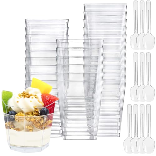 HOMURY 50 Stück Dessertgläser Plastik: 160ml Achteckige Dessertbecher mit Löffeln Dessertschalen Wiederverwendbar, Mini Partybecher Klare, für Mousse, Eis, Pudding, für Buffets, Picknick, Dessertparty von HOMURY