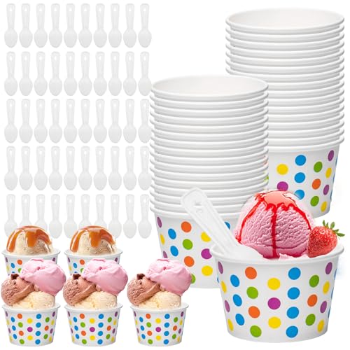 HOMURY 50 Stück Einweg Kuchenbecher 200ML Eisbecher aus Pappe Einweg-Eisbecher mit Deckel mit Löffel Eisbecher Papier Dessertschale Eisbecher Dessertbecher Eisschalen für Kinder Dessert, Fingerfood von HOMURY