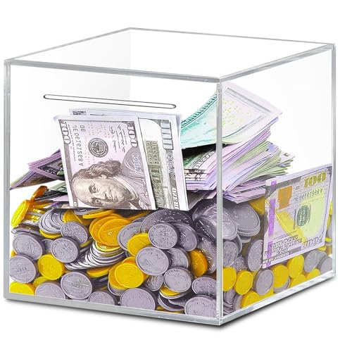 HOMURY Acryl Transparente Spardose, Nicht zu öffnende Sparbüchse, Klares Spardose, Spardose für Scheine, Spardose Transparent für Erwachsene Kinder(12x12x12cm) von HOMURY