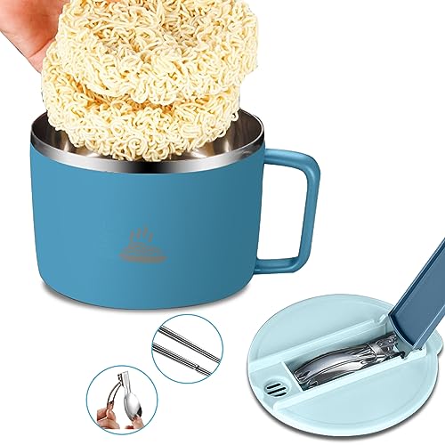 HOMURY Instant Nudeln Schüssel mit Deckel 1300 ML Ramen Schüssel mit Klapplöffel und Stäbchen, Tragbare Nudelschale Edelstahl, Auslaufsicher Ramenschüssel Instant, thermoschüssel mit deckel(Blau) von HOMURY