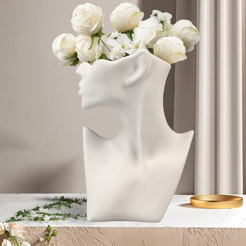 HOMURY Keramik Vase Weiß, Vase mit weiblichem Profil Deko Vase, Tischvase für Pampasgras Blumen, Gesicht Vase, Blumenvase Menschliches Körper Form für Wohnzimmer Home Deko von HOMURY