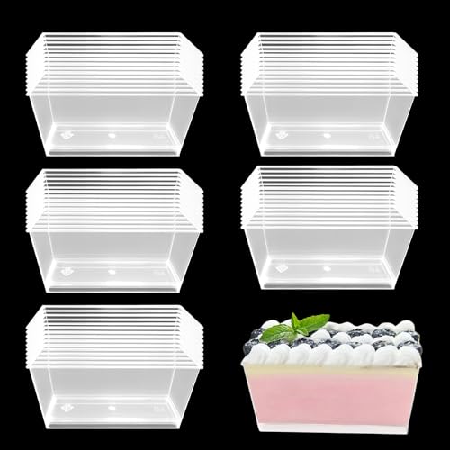 HOMURY Kunststoff Dessertbecher Dessert Becher: 50 Stück Rechteckige Dessertbecher, 140 ml Kunststoff Geschenkbox Wiederverwendbar Dessert Becher für Nachtisch Pudding Mousse Party (9,8 x 4,7cm) von HOMURY