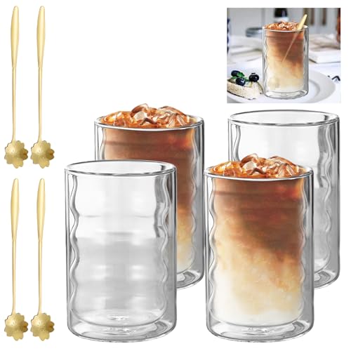 HOMURY Latte Macchiato Gläser: 4er Set Doppelwandig Kaffee Gläser, Kaffeegläser 375ml mit 4 Löffeln, Thermogläser Doppelwandig aus Borosilikatglas für Whiskey, Bier, Cocktail, Eiskaffee und Eistee von HOMURY