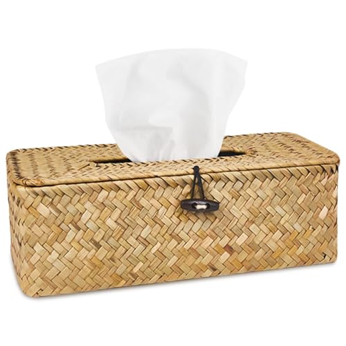 Taschentuchbox aus Rattan Kosmetiktücher Box: HOMURY Groß Handgewebt Kosmetiktücherboxen Taschentuchhalter mit Deckerl, Rechteck Wohnzimmer Tissue Box für Badezimmer Wohnzimmer Büro Restaurant von HOMURY