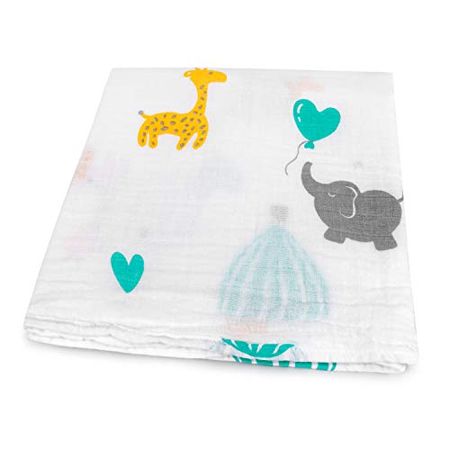 HOMYBABY® Musselin Baby Tuch 120x120 – Bio-Baumwolle – Babydecke für Neugeborene – Als Spucktuch, Decke für Kinderwagen, Wiege, Wickeltisch oder zum Pucken verwendbar (1, Elefant & Giraffe, 120x120) von HOMYBABY