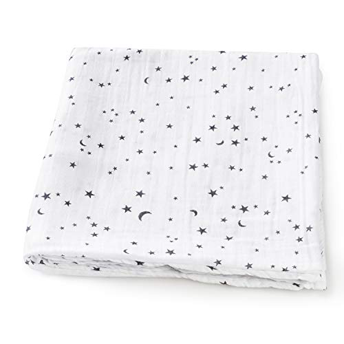 HOMYBABY® Musselin Baby Tuch 120x120 – Bio-Baumwolle – Babydecke für Neugeborene – Als Spucktuch, Decke für Kinderwagen, Wiege, Wickeltisch oder zum Pucken verwendbar (1, Monde & Sterne., 120x120) von HOMYBABY