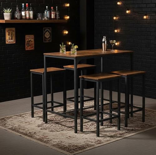 HOMYLIN 5-teiliges Bartisch und Stühle, Vintage-Bartisch (100 x 60 x 90 cm) und 4 Stühle (40 x 30 x 65 cm) für Wohnzimmer, Esszimmer, Hausbar, Braun von HOMYLIN