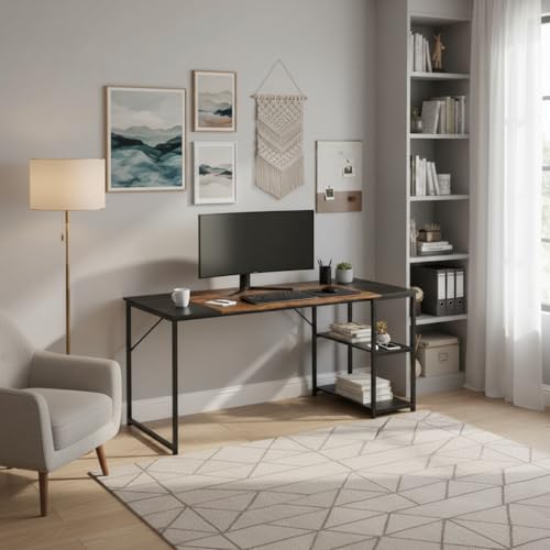 HOMYLIN Computer-Arbeitsplatz, 140 cm, industrieller Schreibtisch mit schwarzen Regalen für Heimbüro, reichlich Stauraum und einfache Montage, Braun von HOMYLIN