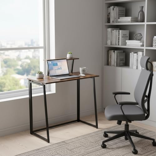 HOMYLIN Computer-Arbeitsplatz, 80 cm, faltbarer Schreibtisch mit verstellbarem Monitorständer, MDF und Metall, robuster Rahmen, ideal für Heimbüro, Arbeitszimmer, keine Montage, Braun von HOMYLIN
