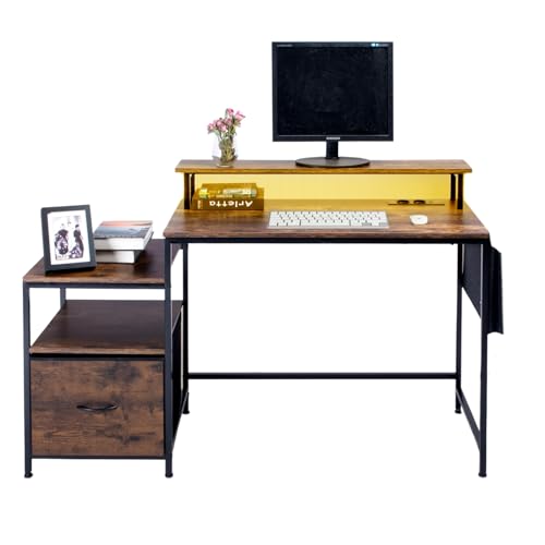 HOMYLIN Computertisch mit Stoffschublade und Monitorständer, 100CM Studientisch mit Aufbewahrungsregalen, Gaming Schreibtisch mit Steckdosen und LED-Leuchten für Studienarbeiten, Braun von HOMYLIN