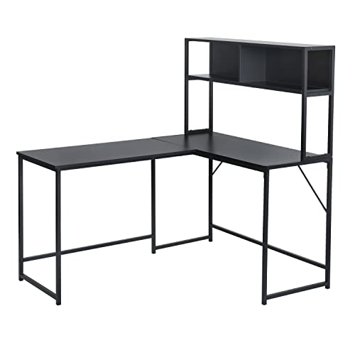 HOMYLIN L-Shape Eckschreibtisch Großer Schreibtisch, für Gaming, mit 2 Metallregalen-Zeitgenössischer Stil, Minimalismus Insgesamt schwarz, Holz, 138 X 110 X 75-135cm von HOMYLIN